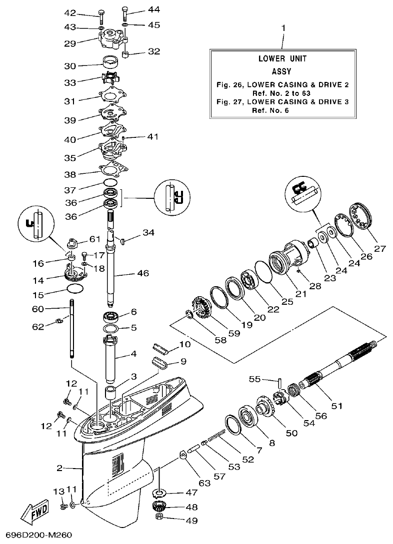 Yamaha E48C, E55C, 55B, E48CMH, E55CMH LOWER CASING & DRIVE 2 parts diagram